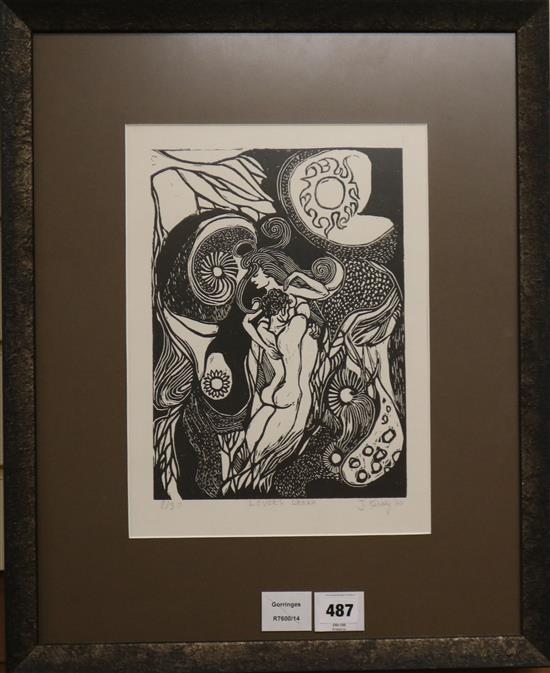 J. Kiraly, woodcut, Lovers Dream, limited edition 8/30, signed in pencil, 33 x 24cm